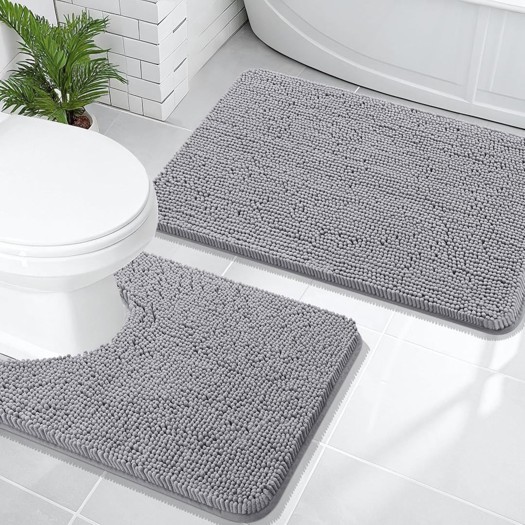 OLANLY Bathroom Rugs Sets 2 Piece, Soft Absorbent Chenille Bath Mats and U-Shaped Contour Toilet Mat Area Rug Set, Machine Washable Bath Carpet, Home Decor Accessories(30"x20"+24"x20", Grey)