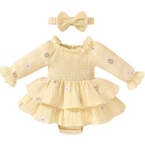 Happy Town Baby Girl Romper Cute Infant Girls Cotton Clothes Long Sleeve Dress with Headband Fall Winter Outfits (Yellow)