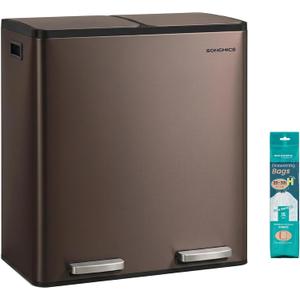 SONGMICS Trash Can, 2 x 8 Gallon (2 x 30 L) Double Compartment Garbage Can for Recycling, Stainless Steel, with 15 Liner Bags, Soft-Close Lids, Removable Buckets, Pedals, Brown ULTB160MZ01