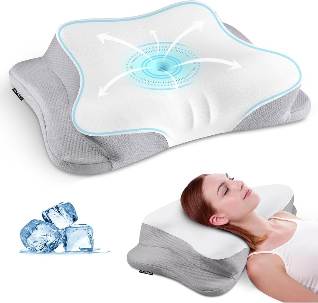 Mokaloo Cervical Neck Pillow - Neck Pillows for Pain Relief, Cooling Ergonomic Pillow for Sleeping, Orthopedic Contour Memory Foam Pillows for Side, Back & Stomach Sleepers (Grey&Grey)
