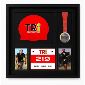 5-in-1 Frameset Display (Medal, Race Bibs, and Photo Display) Marathon or Triathlon Medal Display and Frame, Triathlon & Running Bib Holder, Wall-Mounted, Color Black