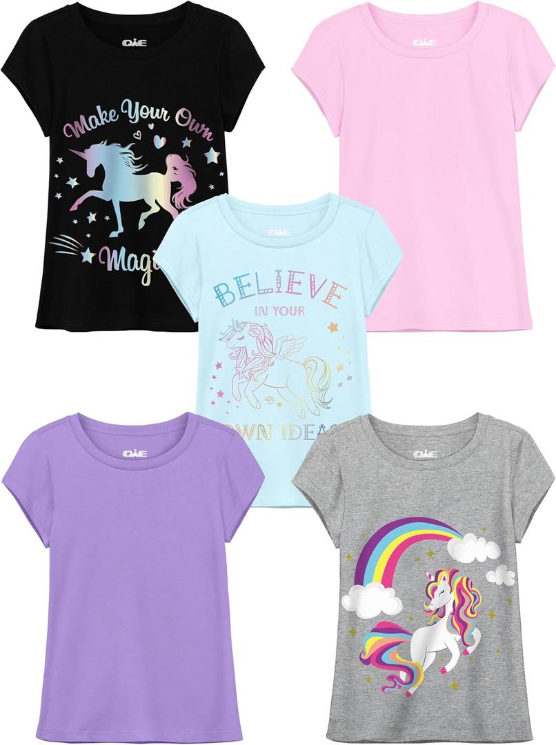QWE 5 Pack Girls Shirts Cotton Short Sleeve Shirts for Girls Graphic Kids Tops Tees Clothes Summer T-Shirts, Medium