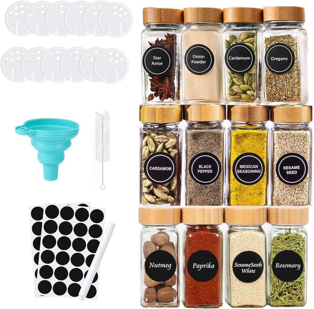 Glass Spice Jars with Label - Square Spice Containers 4 oz - Includes Cleaning Brush & Label pen - Seasoning Jars - 12Pcs