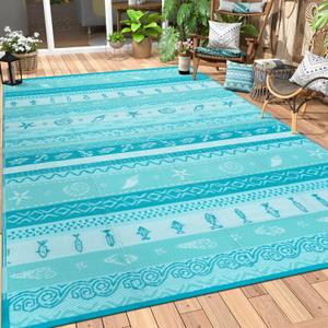 Lahome Outdoor Rug 8x10 Patio Waterproof, Reversible Outdoor Plastic Straw Rug for Camping, RV Patio Rugs Outside Large Carpet for Porch Deck Backyard Picnic(Blue/Multi,8'x 10')