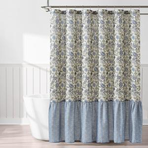 Lush Decor Lillian Block Print Linen Textured Shower Curtain Single 72" W x 72" L Blue & Sage - Vintage Floral Shower Curtains - Ruffled Bath Curtain