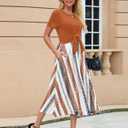 Women's Casual Summer Dress Crewneck Short Sleeve Tie Knot Front Flowy Midi Dress with Pockets for Party & Daily (Brown, L)