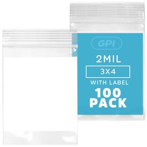 GPI Pack of 100 3" X 4" Clear Plastic Reclosable Zip Bags - Bulk 2 Mil Thick Strong & Durable Poly Baggies with Resealable Zipper Top Lock & Write-on White Block, for Storage, Packaging & Shipping
