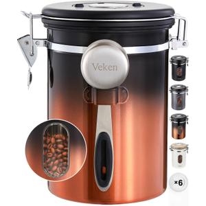 Veken Coffee Canister with Window,Airtight Stainless Steel Kitchen Food Storage Container, Date Tracker & Scoop for Grounds Coffee, Beans, Tea, Flour, Cereal, Sugar, 22OZ, Copper