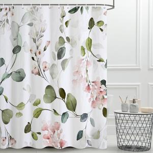 Sage Green Eucalyptus Shower Curtain, Watercolor Green and Pink Floral Shower Curtain Set with Hooks Waterproof Spring Botanical Bathroom Decor, 72x72 Inch