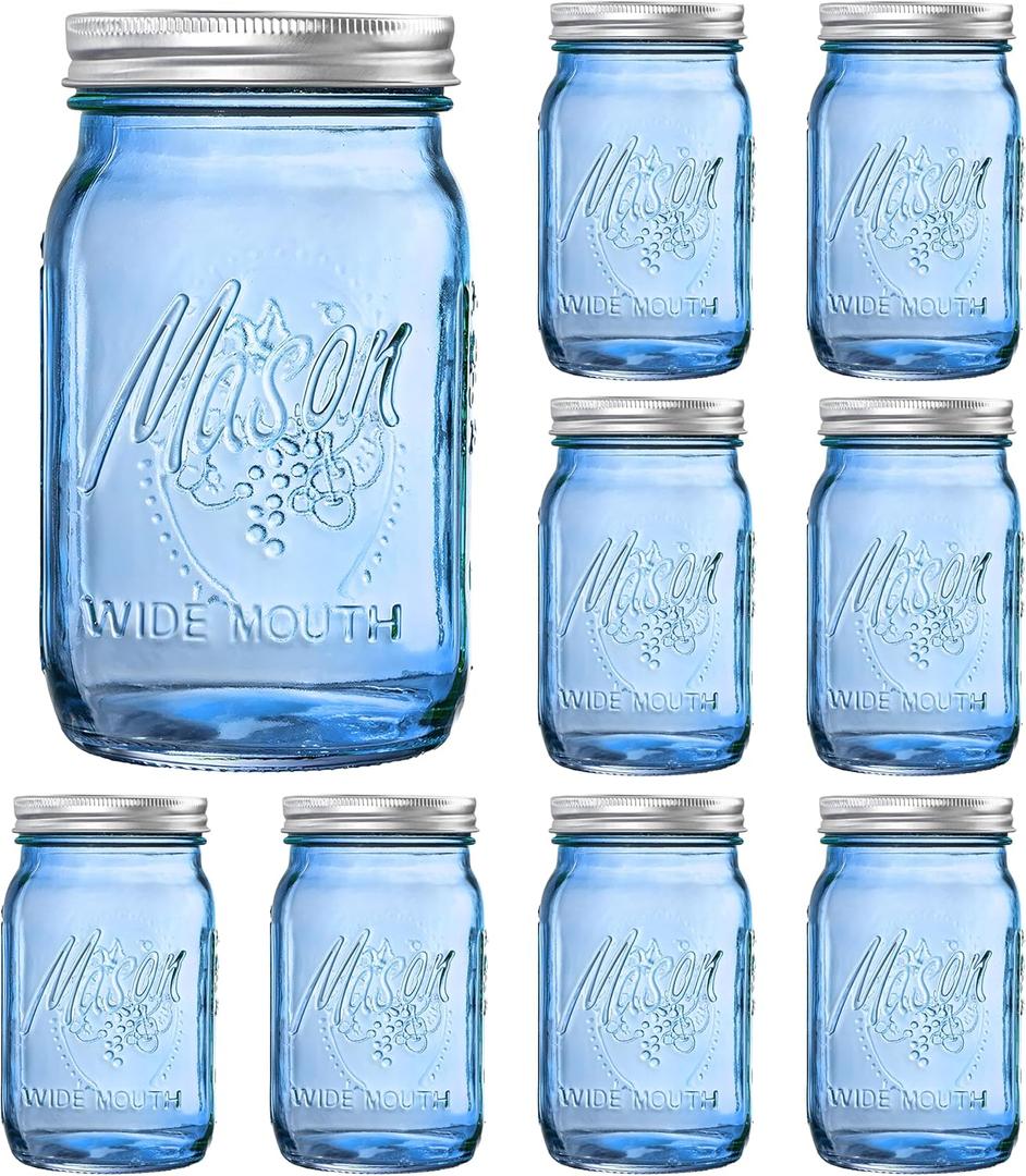 SUT Blue Wide Mouth Mason Jars 32 oz,9 Pack Glass Jars with Airtight lid, Canning jars for Preserving, Jam, Honey, Jelly, Wedding Favors, Sauces, Meal Prep, Overnight Oats, Salad