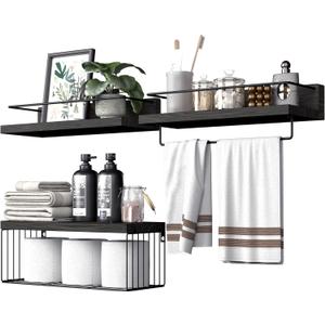 PopiShelves Bathroom Shelves Over Toilet for Wall, Floating Shelves with Storage Basket Paper Holer for Kitchen Living Room, Bedroom & Classroom, Set of 3 (Black)