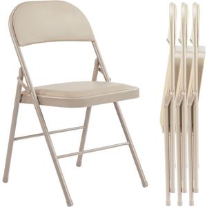 Folding Chairs 4 Pack, Portable Stackable Commercial Chair, Indoor Outdoor Padded Leather Chair with Sturdy Metal Frame, for Home, Office, or Party Events. (Kahki)