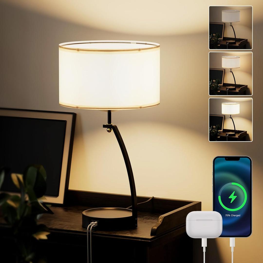 Bedside Table Lamp - 3-Way Dimmable Touch Lamps for Bedroom, Black Nightstand Lamp with USB C+A Charging Ports, Simple Modern Side Lamps for Living Room, Entryway, Hallway, Bulb Included