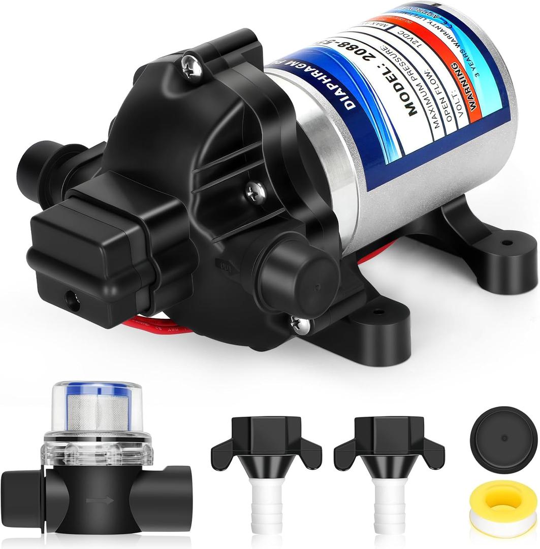 High-End RV 2088-554-144/2088-403-144 Fresh Water Pump,12v Diaphragm pump,12v 3.5 Gallons per Minute,45 psi,1/2 npt Connection,No Noise,Includes Detachable Filters!