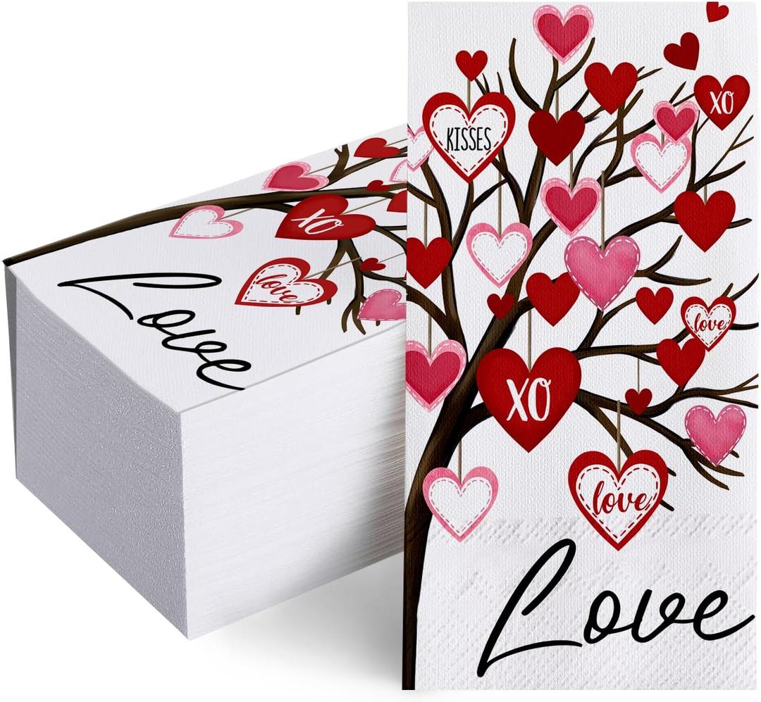 100 PCS Valentines Day Tree Disposable Paper Napkins, Red Pink Love Hearts Bathroom Hand Towels Decorative Dinner Guest Napkin, Anniversary Wedding Kitchen Dinning Table Party Decor 8x4 Inches