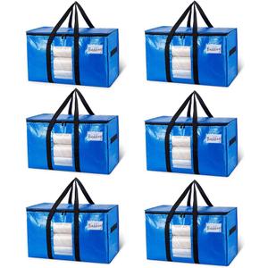 TAILI Extra Large Moving Bags, 6 Pack Blue Heavy Duty Totes For Storage with Visible Window, Wrap Around Handles, Storage Bags for Space Saving, Alternative to Moving Boxes
