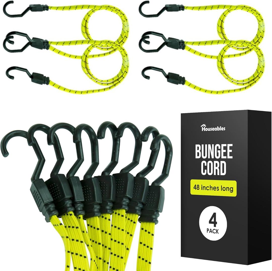 Houseables Long Bungee Cords with Hooks, Bungee Cords with Hooks, Elastic Straps, Elastic Tie Down Straps, Rope for Moving, Dolly, Truck, Bungie Chords, Heavy Duty Outdoor, Rubber, Flat, 48 Inch, 4 PK (Yellow)