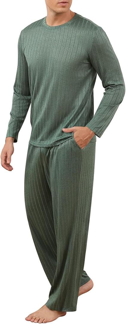 RQP Men's Pajama Set Short&Lonng Sleeve Lightweight Lounge Wear Breathable 2 Piece Set,Stretch Home Outfits for Men (Green, XL)