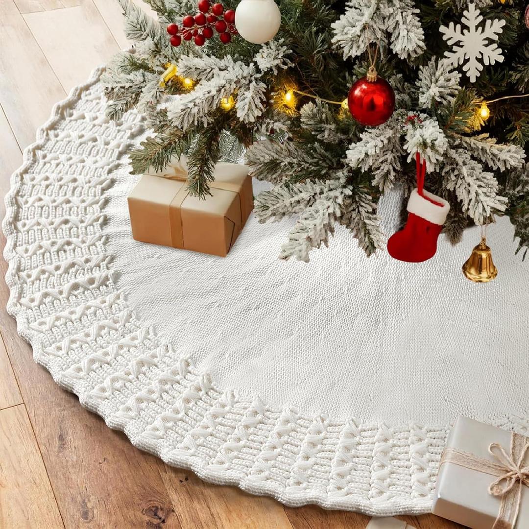 Dremisland White Knitted Christmas Tree Skirt 48 Inches Cable Knit Vintage Christmas Tree Skirt Chunky Thick Knitted Xmas Tree Mat Farmhouse Holiday Decor New Year Home Party Christmas Decorations