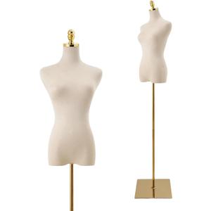 Velvet Cover Mannequin Torso Dress Form, Velvet Surface Fits Safety Pins, Inner Plastic Core Non-Pinnable, Height Adjustable Golden Stand, Perfect for Retail, Boutiques & Sewing Room Garment Display, Female