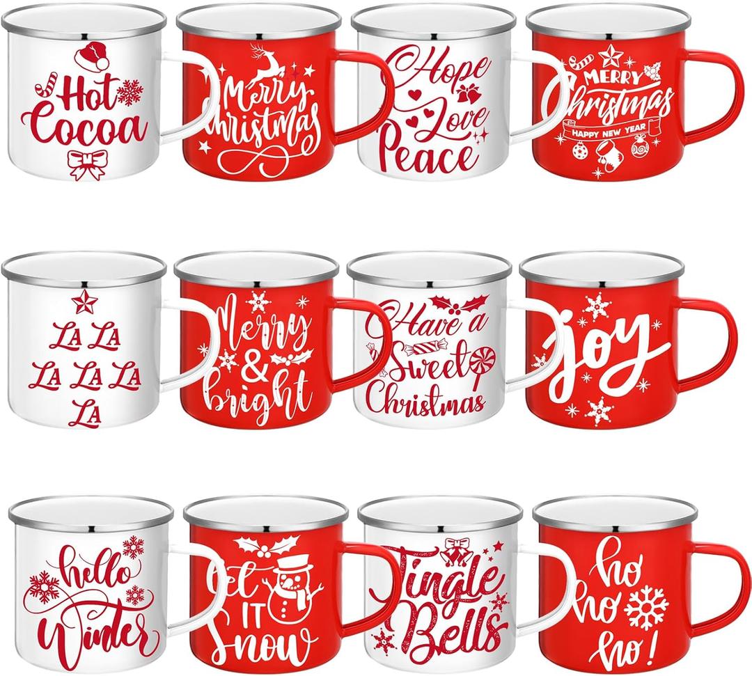 12 Pcs Christmas Coffee Mug Bulk Winter Holiday Enamel Mugs with Quotes 12 oz Seasonal Merry Christmas Hot Cocoa Mugs White Red Cups Funny Novelty Coffee Mugs for Xmas Coffee Tea Women Coworkers Gift (Snowman)
