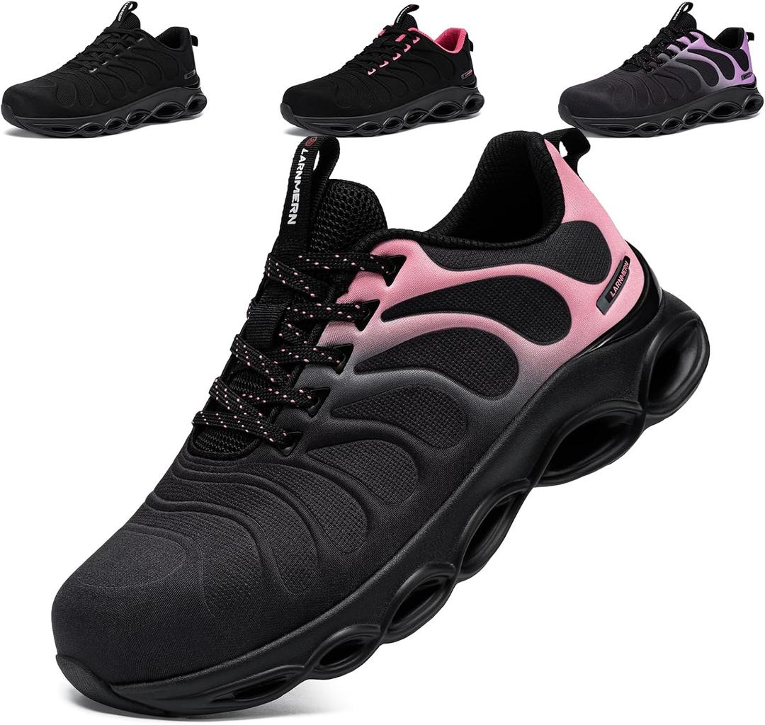 LARNMERN Steel Toe Shoes for Women Lightweight Comfortable Safety Shoes Sneakers Steel Toe Sneakers Work Colorful Breathable Fashionable Footwear (Black, 38.5)