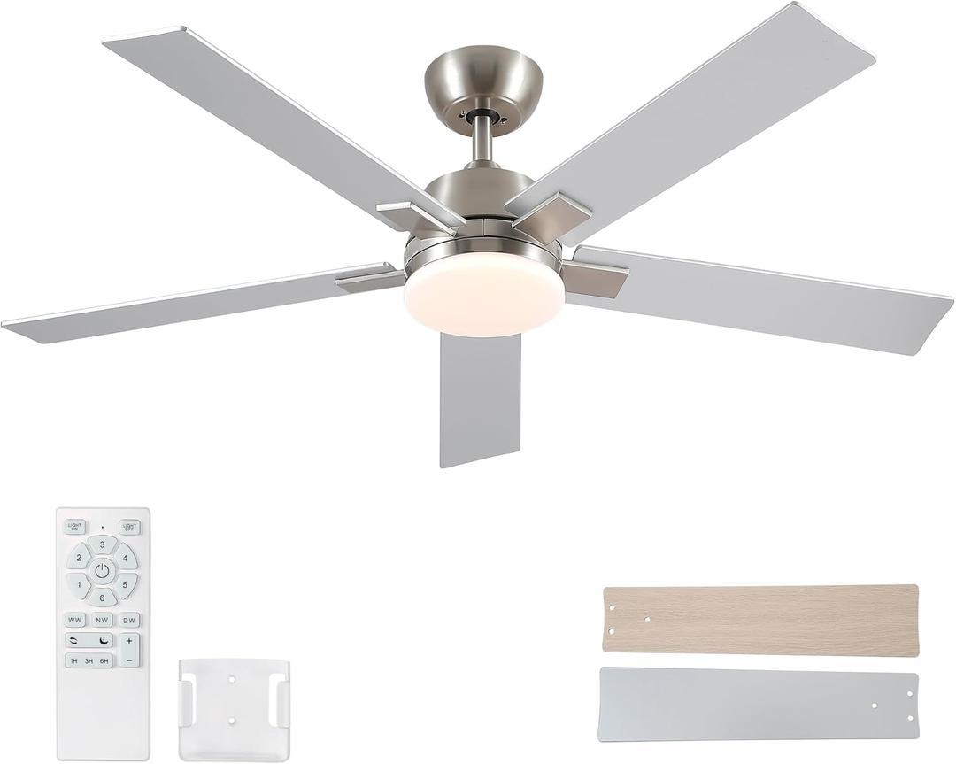 Rayqueen 52 Inch Ceiling Fans with Lights and Remote, 6 Speed Reversible DC Motor, 3CCT Dimmable LED, Modern Brushed Nickel Ceiling Fan for Bedroom, Living room & Covered Outdoor,Includes Downrod