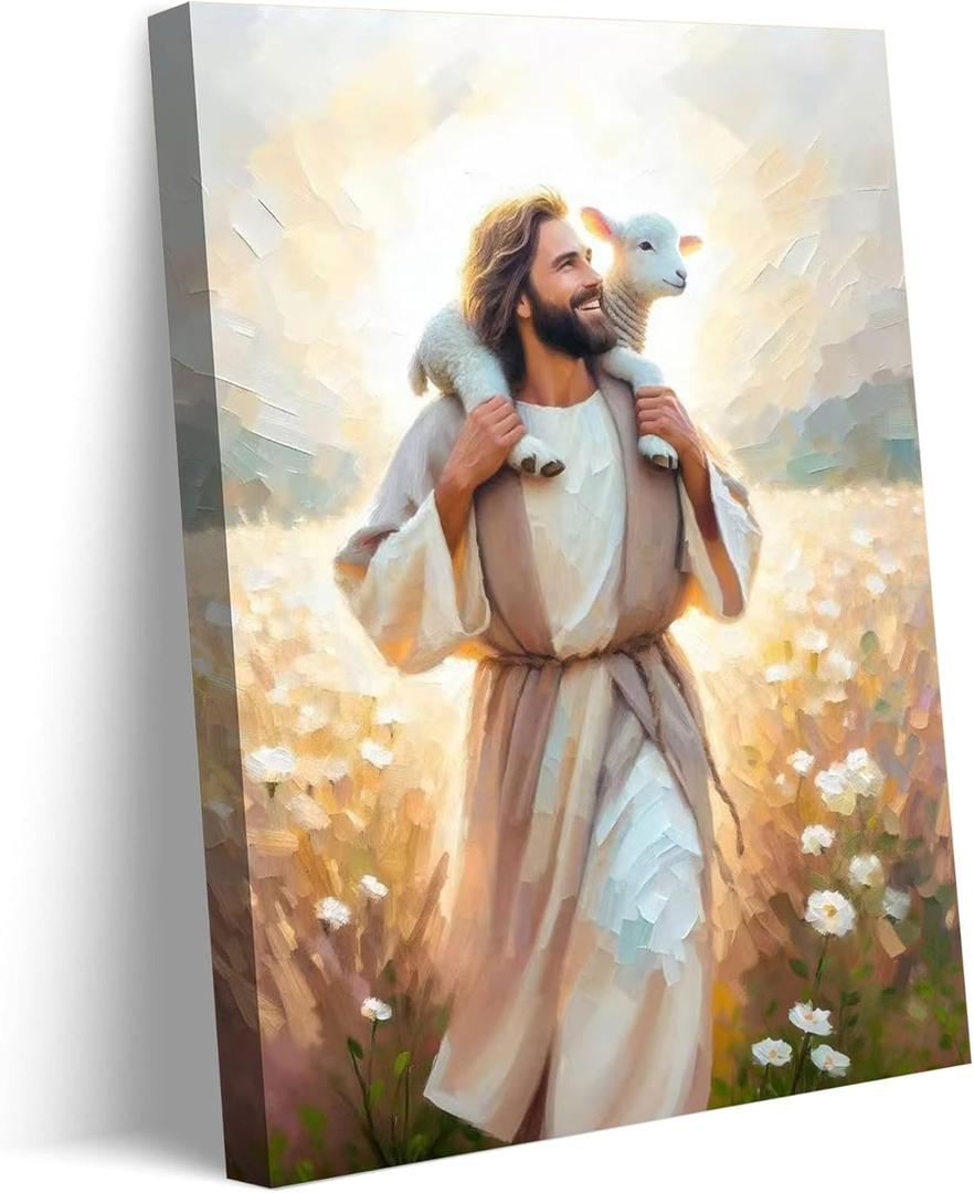 GKQNMU Jesus Carrying The Lamb Canvas Wall Art Jesus leaves the 99 sheep Wall Decor Picture Christ the Good Shepherd Printed Painting for Living room bedroom church Decoration Ready to Hang