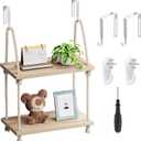 2 Tier Cubicle Shelf for Walls, 11.8" Wooden Hanging Wall Shelf with Hooks & Cotton Rope, Boho Style Office Cubicle Accessories for Work, Desk Wall Storage Organizer for Office Decor