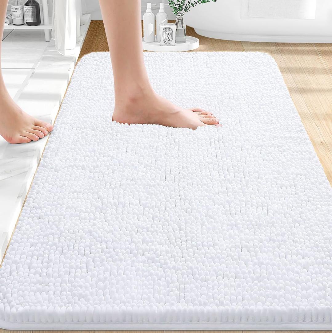 OLANLY Bathroom Rugs 30x20, Extra Soft Absorbent Chenille Bath Rugs, Rubber Backing Quick Dry, Machine Washable Bath Mats for Bathroom Floor, Tub and Shower, Home Decor Accessories, White