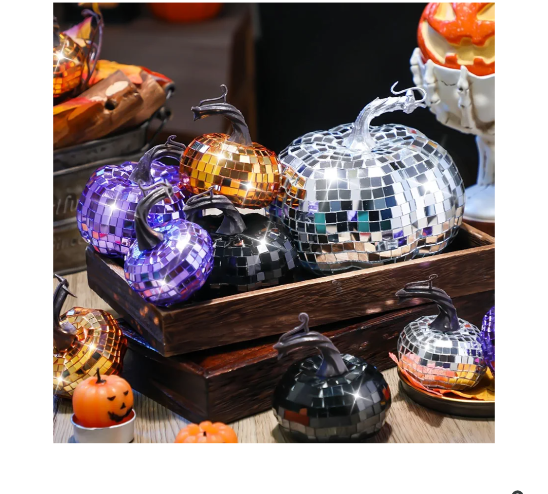 Lenwen 12 Pcs Artificial Disco Pumpkin Glitter Mirror Pumpkin for Decorating Fall Farmhouse Hanging Ornament Harvest Decor for Halloween Thanksgiving Table Centerpiece(Orange, Sliver, Black, Purple)