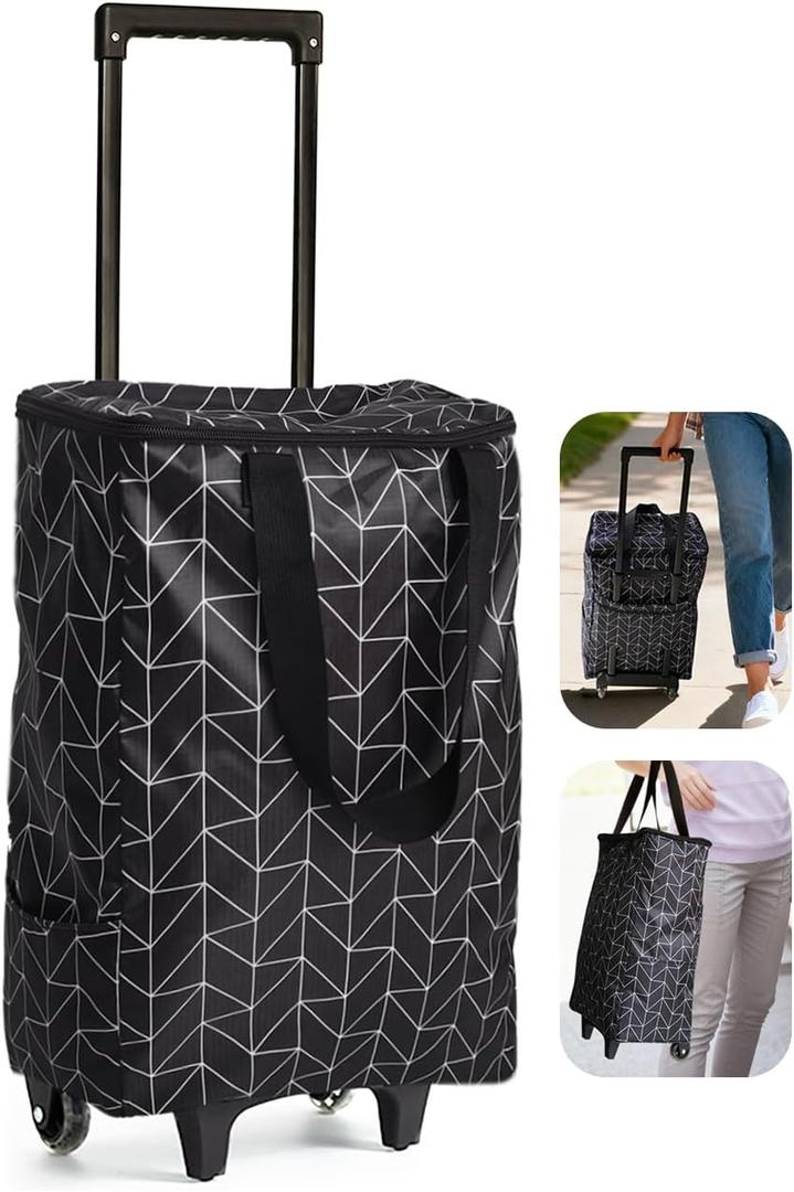 Small Shopping Cart with Wheels, Rolling Shopping Bag, Collapsible Grocery Cart, Portable Foldable Shopping Trolley Pull Handle, Small Folding Trolley Cart, Rolling Tote for Travel, Camping (Black)