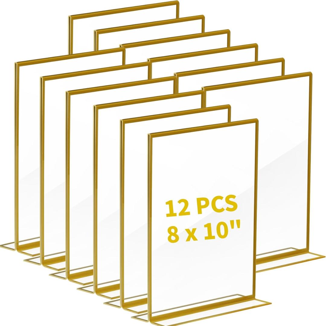 12 Pcs 8 x 10 Inch Gold Acrylic Sign Holder, Double Sided Picture Frames Clear Wedding Table Number Signs Holders for Restaurant Office Home  (8 x 10 Inch)