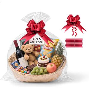 TUXIYA 7 PCS Large Cellophane Bags, 40x50inches Cellophane Wrap for Gift Baskets,Clear Basket Bag with 7 PCS Red Pull Bows