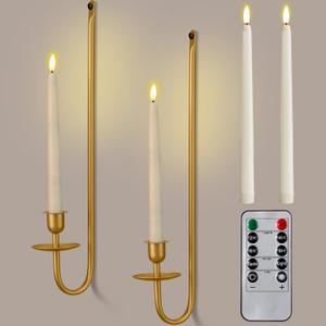 Tessco for you Metal Wall Mount Candle Sconces with 9.6" LED Flameless Taper Candles and Remote Timer 16.5" Wall Hanging Sconces Set for Living Room Fireplace Hallway Stairway(Gold,2 Set)