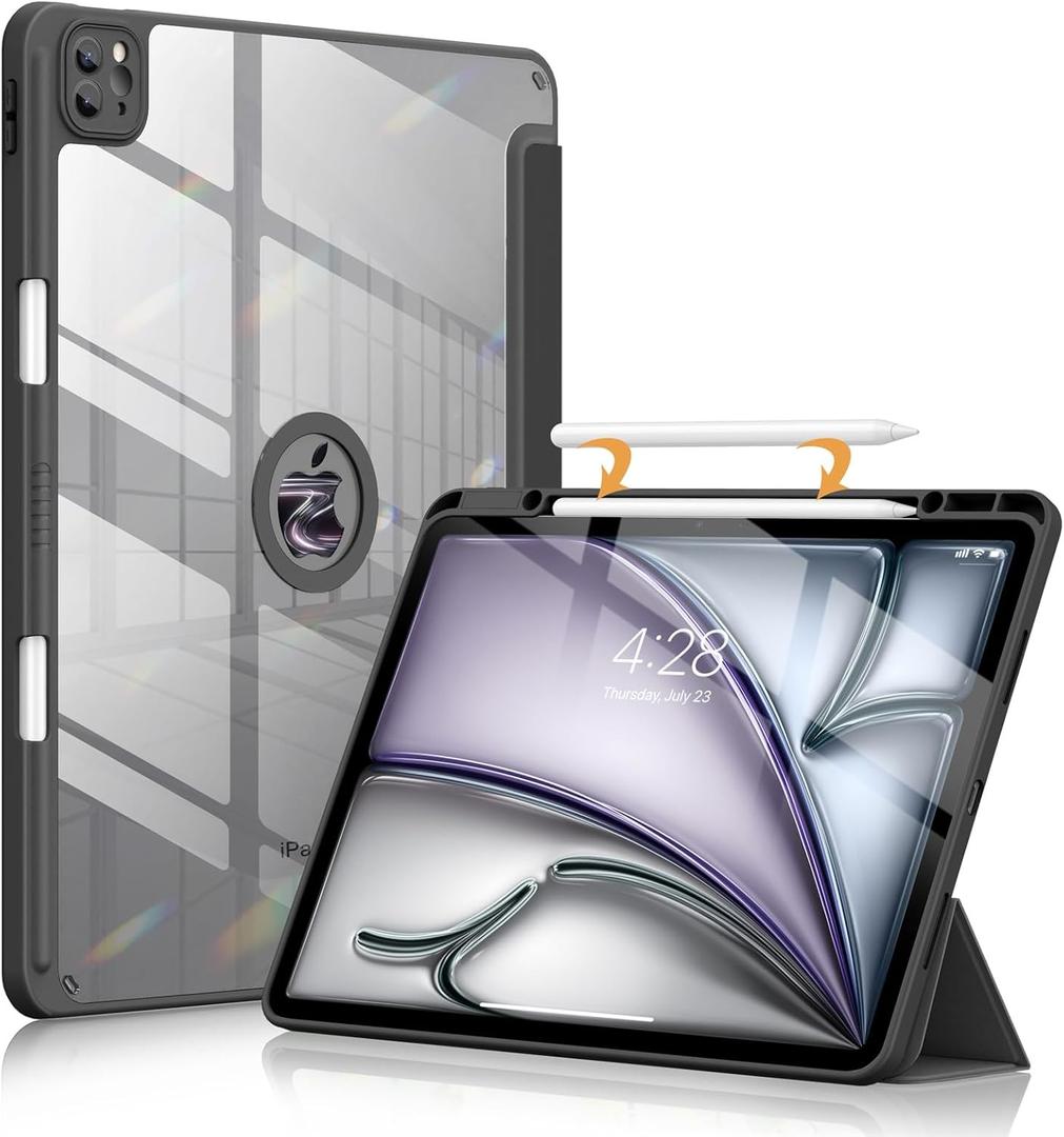 Soke for New iPad Air 13 Inch Case (M3 2025/M2 2024) with Pencil Holder, [Auto Wake/Sleep + Camera Protection] Shockproof Cover with Clear Transparent Back for Apple iPad Pro 12.9", Black