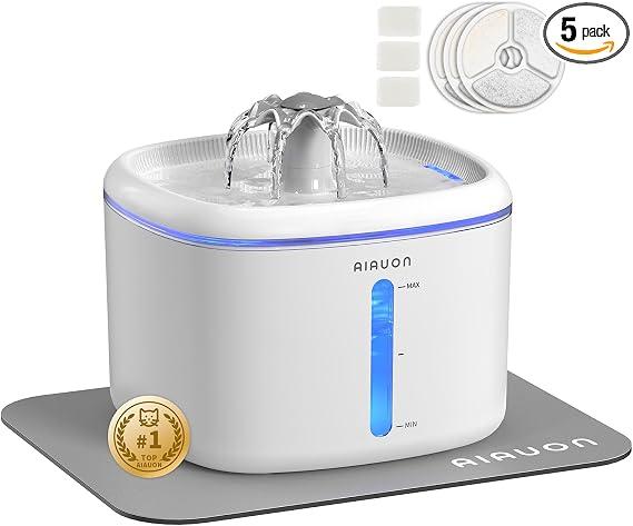 Cat Water Fountain, 2.5L/84oz Pet Water Fountain for Cats Inside, Cat Fountain for Drinking with Ultra Quiet Pump(≤20dB)& LED Blue Light - for Pets , Set name: white+3Filters-cushion
