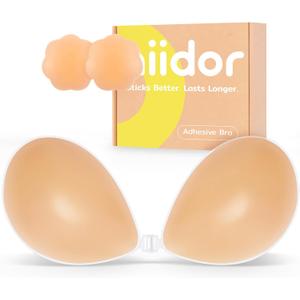 Niidor Adhesive Bra Strapless Ultra Sticky Invisible Push up Silicone Bra Multiple Colors Sizes Reusable for Backless Dress (Creme)