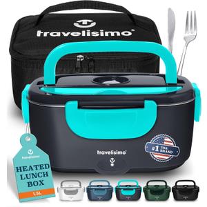 TRAVELISIMO Electric Lunch Box for Adults 100W Heated Lunch Box For Men 1.5L Stainless Steel Portable Food Warmer, 12/24/110V for Travel & Work, Loncheras Electricas Para Calentar almuerzo (Neon Blue)