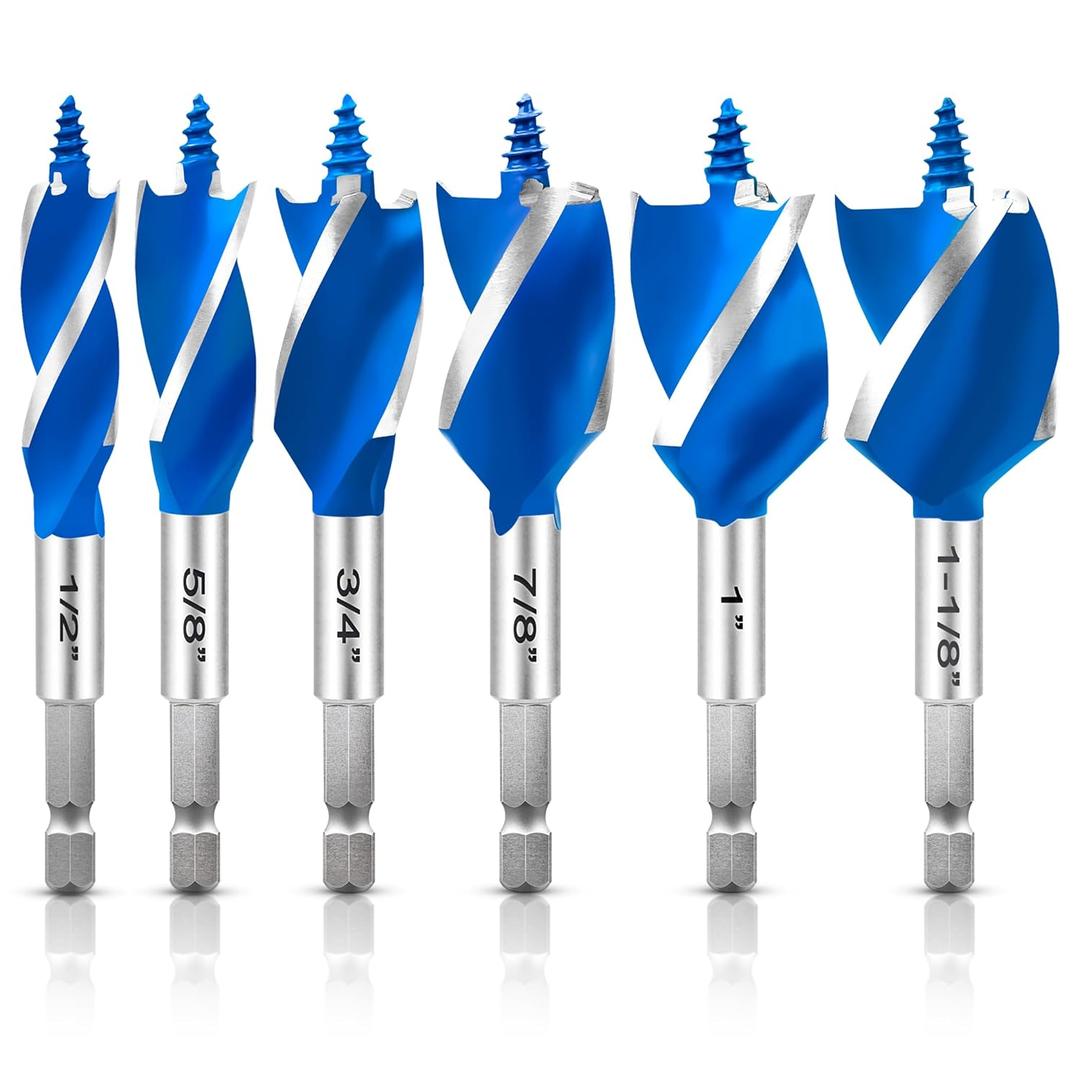 6Pcs Auger Drill Bit Set for Wood, 1/2", 5/8", 3/4", 7/8", 1" and 1-1/8" Inch Size, 4-Inch Long Impact Wood Auger Drill Bit Set with 1/4" Quick Change Hex Shank