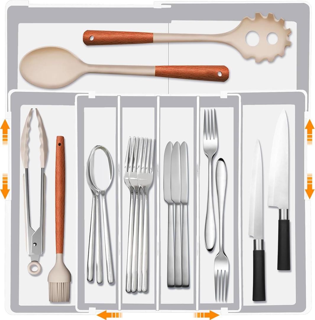 Homecor Silverware Drawer Organizer - Expandable Drawer Organizer for Kitchen, Utensil Holder BPA Free Flatware and Cutlery Tray for Spoons Forks Knives, Plastic Kitchen Organizer and Storage, White (Large(10.2-17.2'"W x 13.2-17.9"D))