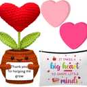 Wavwavw 4 Pcs Teacher Appreciation Gifts Set Thank You for Helping Me Grow Positive Handmade Flower Crochet Doll with Heart Sticky Notes 3x3 in and Makeup Bag for End of Year Teacher Graduation Gifts