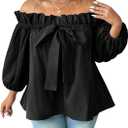 OYOANGLE Women's Plus Size Off Shoulder Blouse Bow Tops Lantern Sleeve Frill Trim Flared Shirts, 4XL