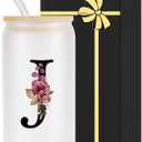 Monogrammed Glass Drinking Cup With Lid Straw Women Her Sister Mom Girlfriend Aunt Best Friend Friendship Grandma Bestie Wife Daughter Law Lady Happy Birthday Cool Funny Meaningful Unique Gifts Cute,J