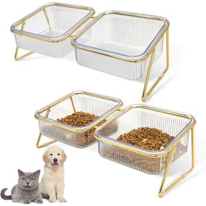 2PCS Elevated Double Cat Bowls,5.7" Pets Water and Food Bowl 15Tilted Transparent Raised Kitten Food Feeding Dishes with Iron Stand Anti Slip Kitty Dishs Rose Gold Bowl Set for Kittiens