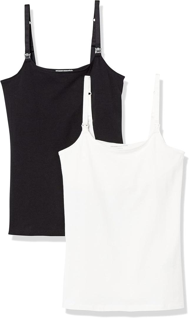 Amazon Essentials Women's Maternity Nursing Tops, Pregnancy Clothes with Adjustable Straps and Built-in Shelf Bra, Pack of 2 (Large, Black/White)