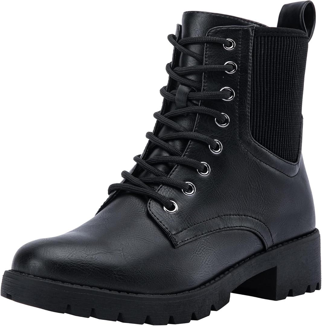Vepose Women's 916 Ankle Boots, Combat Lace up Booties with Inside Zipper (8, Black)