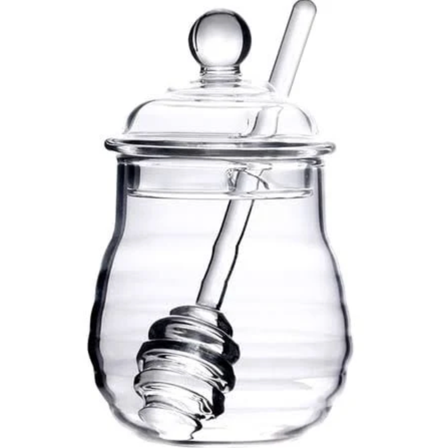 Glass Honey Jar with Dipper and Lid, 10 OZ Heat-Resistant Bee Hives Honey Pot, Clear Glass Honey Container for Store Honey and Syrup