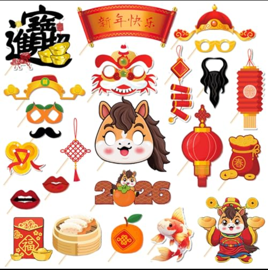 4 x 24PCS Chinese New Year Photo Booth Props,Chinese New Year Decoration 2026,Lunar New Year Decorations,Horse Year Paper Photo Props for Spring Festival Lunar New Year Present Game Party Supplies