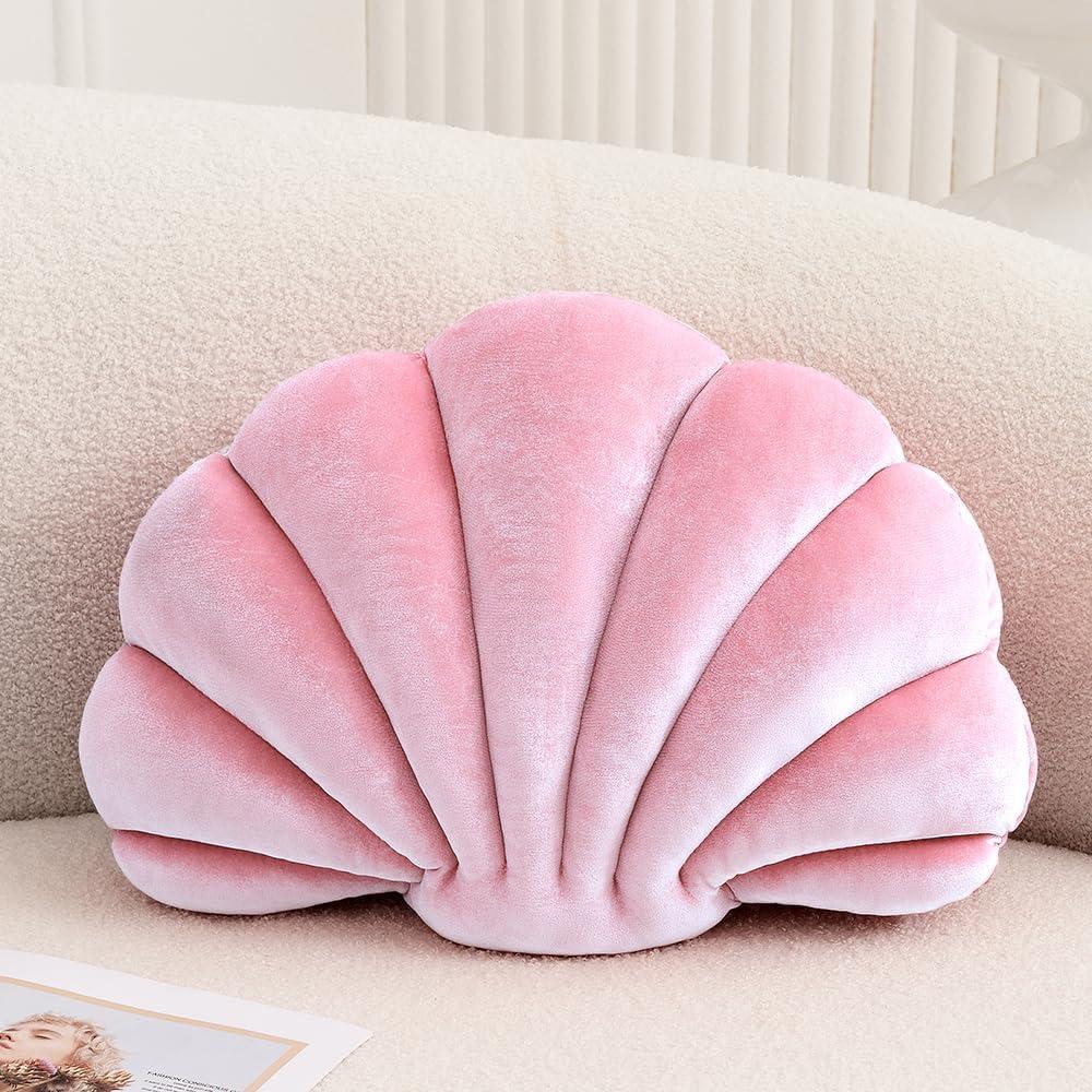 XIAIJIA Seashell Decorative Pillow Shell Shaped Throw Pillow 3D Insert Beach Pillow Soft Velvet Pillow Sea Ocean Decoration Couch Bed Pillow Cushions (Pink,18 X 13 inch)